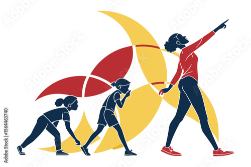 Generational progress and aspiration depicted through silhouetted figures of girls and women moving forward with a sense of purpose and achievement