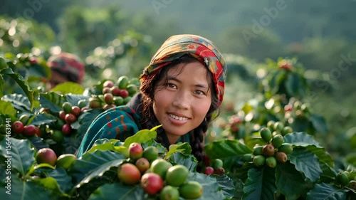 Women from northern Thai ethnic groups harvest coffee