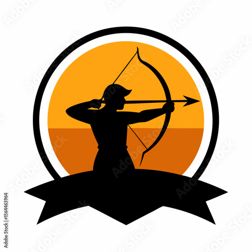vector illustration rcher shooting into horizon with sun stripe badg