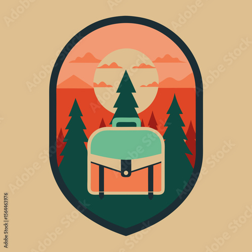 vector illustration backpack and map under pine trees with sunset