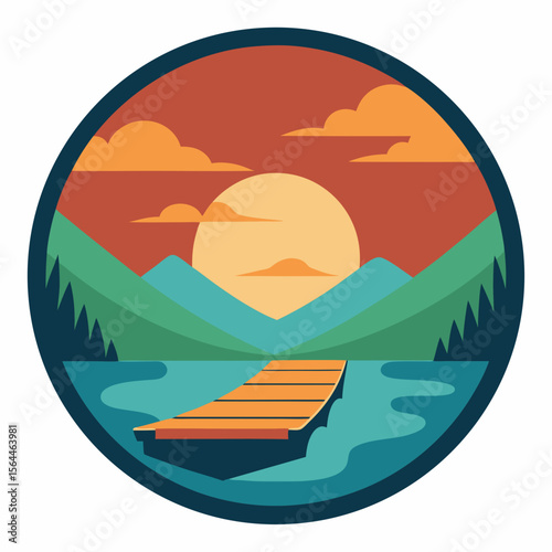vector illustration bamboo raft on river with retro sunset in circle