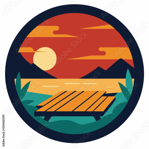 vector illustration bamboo raft on river with retro sunset in circle