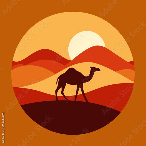 vector illustration camel walking in desert dunes with bold sunset