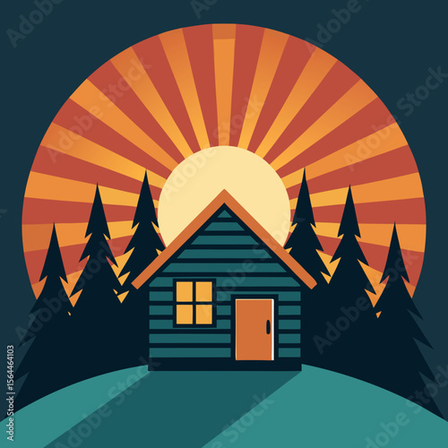 vector illustration cabin in woods at dusk with retro sunburst behind