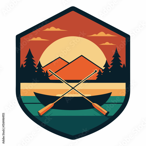 vector illustration canoe and fishing rod scene with badge style laye
