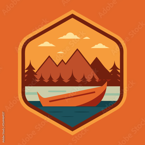 vector illustration canoe floating on still water with mountain refle
