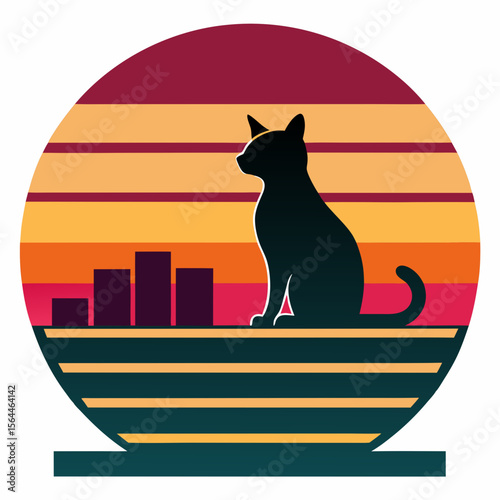 vector illustration cat sitting on rooftop watching striped retro sun