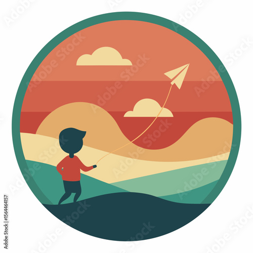 vector illustration child flying kite in field with layered sunset