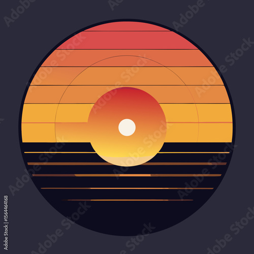 vector illustration classic vinyl record with circular retro sunset 