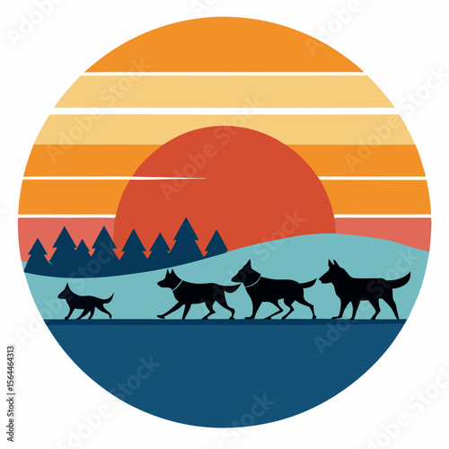 vector illustration dog sled team crossing snow with cool toned retro