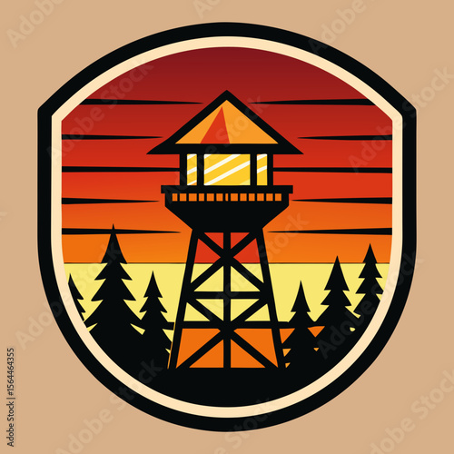 vector illustration firewatch tower in forest inside retro striped sun