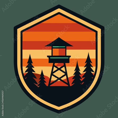 vector illustration firewatch tower in forest inside retro striped sun