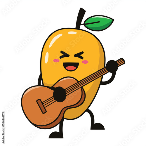 Cool mango fruit mascot playing guitar cartoon style. Playful tropical character isolated on white, perfect for music festival merch and fruit beverage branding.