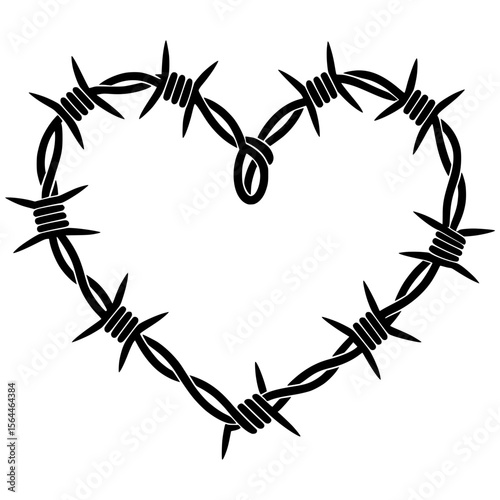 Barbed wire heart symbolizing love and pain, Illustration of a heart shape made from barbed wire, representing difficult love, heartbreak, emotional pain, or protection in relationships.

