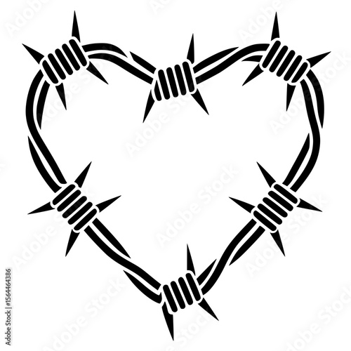 Barbed wire heart symbolizing love and pain, Illustration of a heart shape made from barbed wire, representing difficult love, heartbreak, emotional pain, or protection in relationships.

