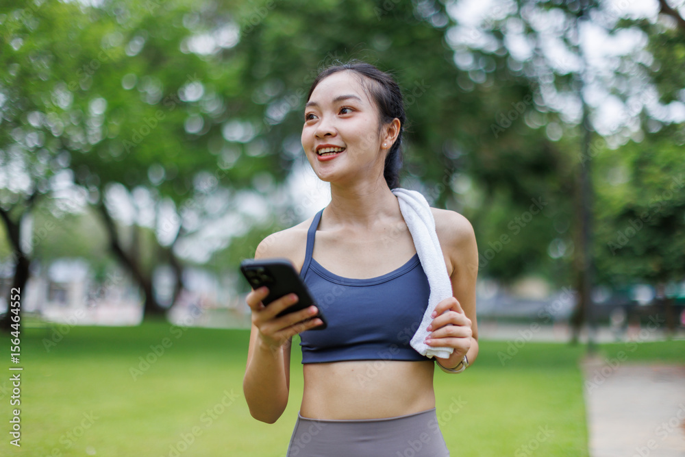 Fototapeta premium Beautiful young asian girl texting and using phone outdoors before workout outdoors in the park. 