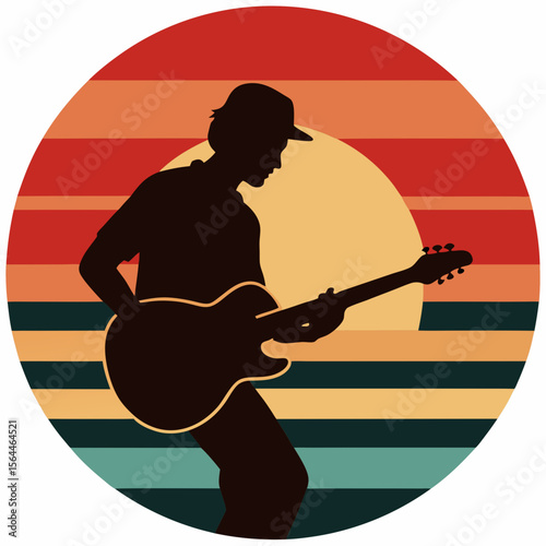 vector guitarist silhouette playing under striped sunset illustration