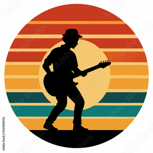 vector illustration guitarist silhouette playing under striped sunset