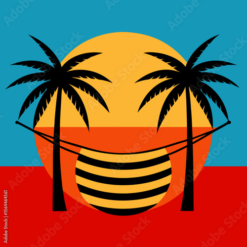 vector illustration hammock tied between palms with bold sun stripes 