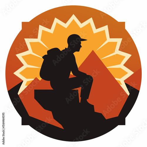 vector illustration  hiker sitting on cliff edge with layered sunburst