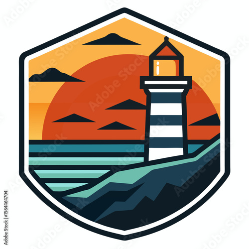 vector illustration lighthouse on coastal cliff against retro sunset