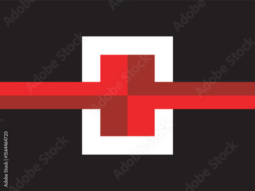 Geometric Pixelated Red Cross Symbol with White Border on Black Background
