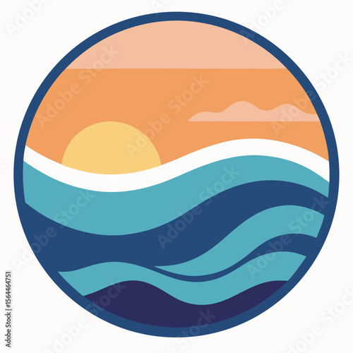 minimal ocean waves in circle sunset badge with vector illustration