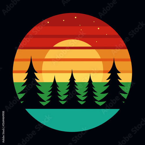 vector illustration northern lights over pine trees with circular ret