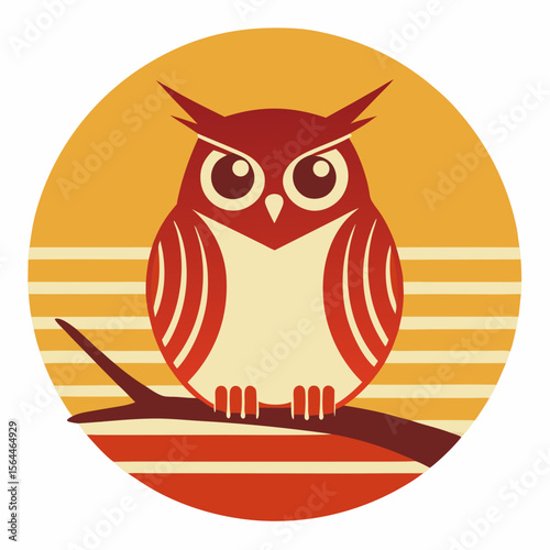 vector illustration owl on tree branch against vintage sun badge ora