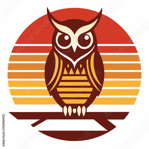 vector illustration owl on tree branch against vintage sun badge 