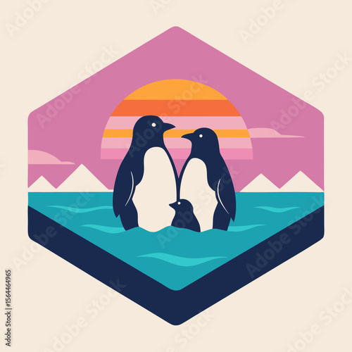 vector illustration  penguin family on iceberg under pastel retro suns