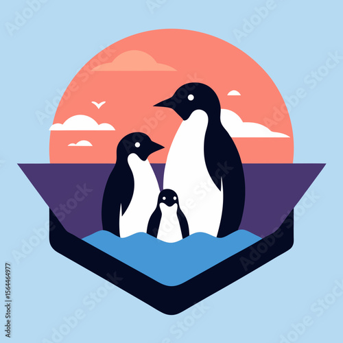 vector illustration penguin family on iceberg under pastel retro suns