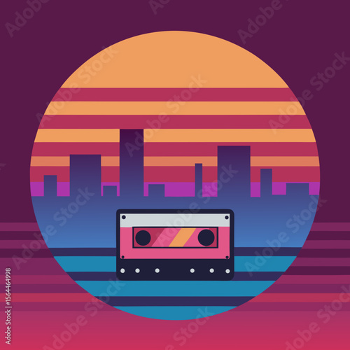 vector illustration retro cassette tape floating above city with suns