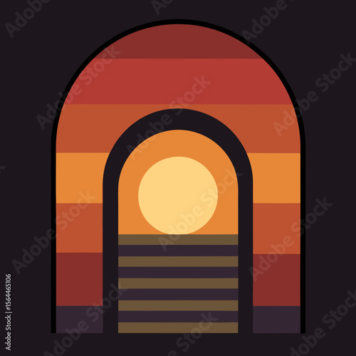 vector illustration sunset through gothic archway with warm gradient 