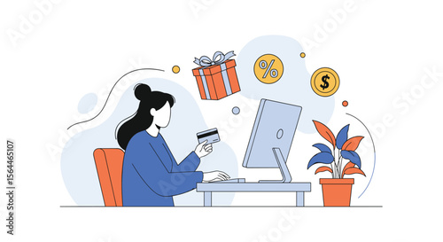 Woman making online purchases with credit card and receiving rewards and money