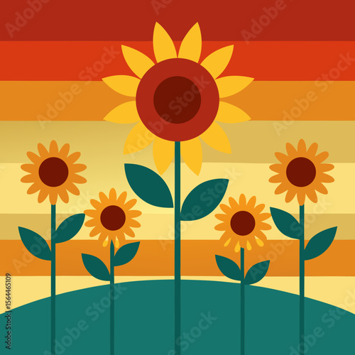 vector illustration sunflowers in field under striped sunset circle