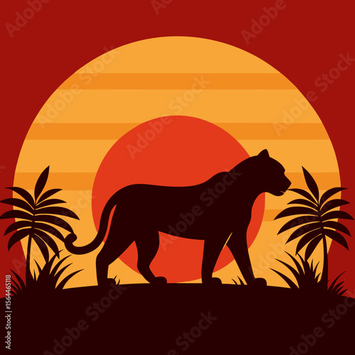 vector illustration tiger silhouette in jungle clearing with retro