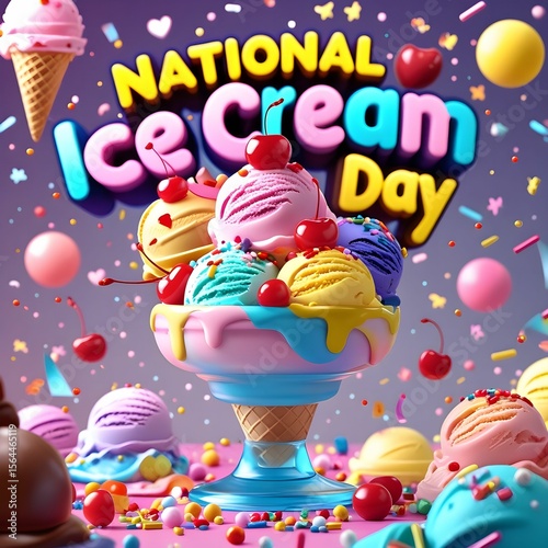 Colorful 3D Ice Cream Illustration for National Ice Cream Day – Festive Pastel Dessert Art in Cone or Bowl