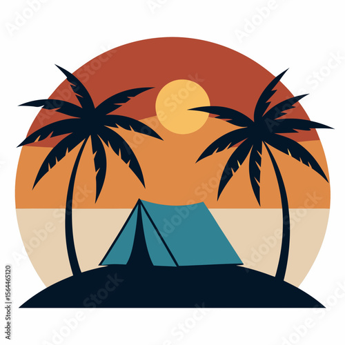 vector illustration  tent on beachside with palm silhouettes and layer