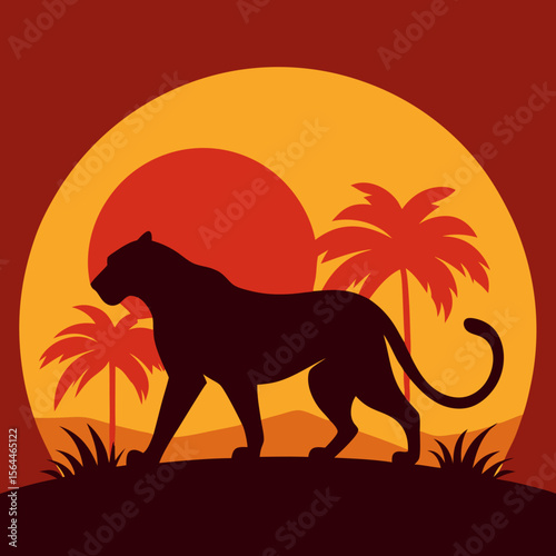 vector illustration tiger silhouette in jungle clearing with retro