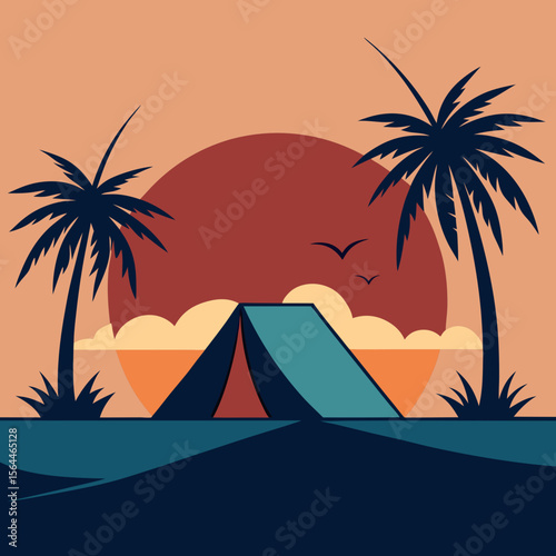 vector illustration tent on beachside with palm silhouettes and layer