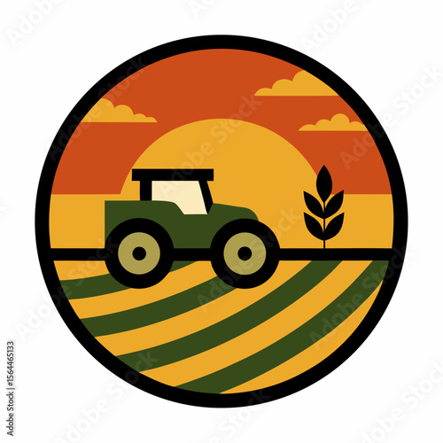 vector illustration  tractor in farmland with layered sunset in circul 