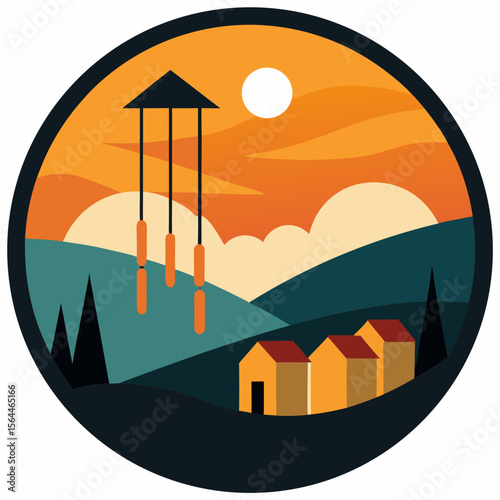 village wind chimes with layered sunset in backgr vector illustration