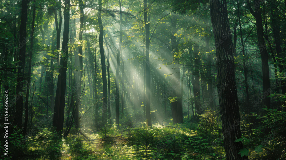 Obraz premium Sunbeams pierce through a lush green forest canopy on a misty morning