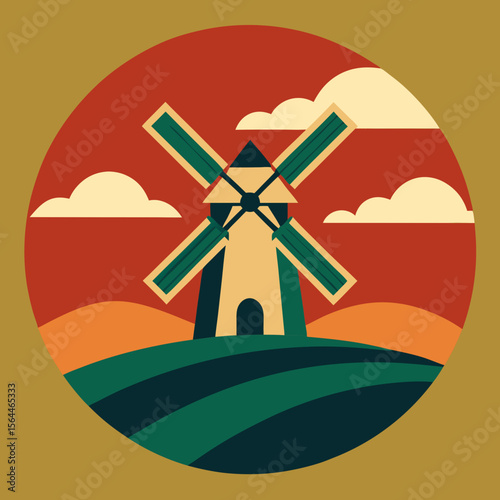 windmill on field under retro sun circle classic vector illustration
