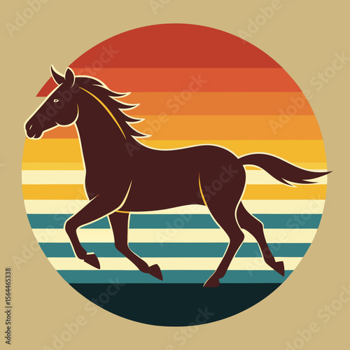 vector illustration wild horse running across plains with retro sun