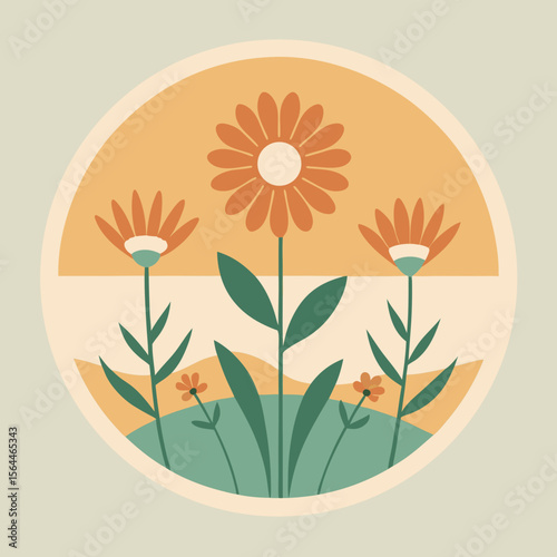 vector illustration wildflowers in bloom under retro badge sun paste