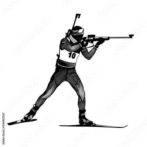 Biathlete aiming while skiing in dynamic shooting position  