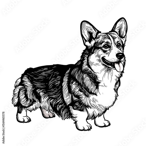 Corgi dog standing with a friendly expression in black and white  