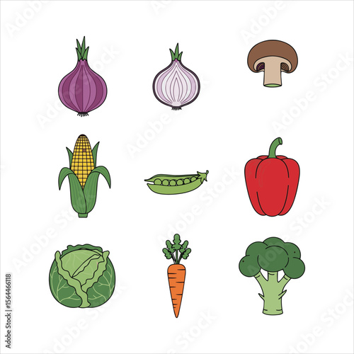 Collection of nine colorful cartoon vegetables isolated on white background Art & Illustration